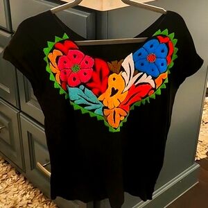 Floral Embroidered Black Top, NWOT